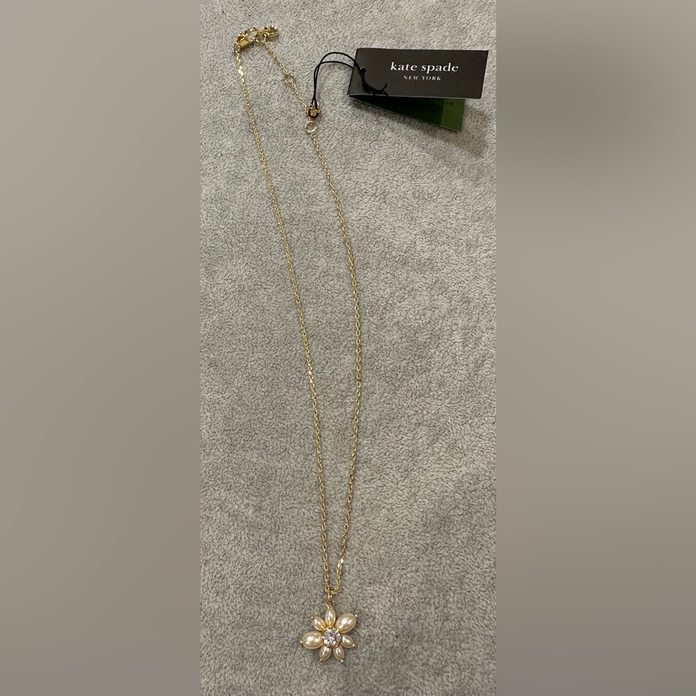 Kate Spade Gold-Tone CZ & Imitation Pearl Flower Pendant Necklace, 16" + 3" NWT - Picture 3 of 5